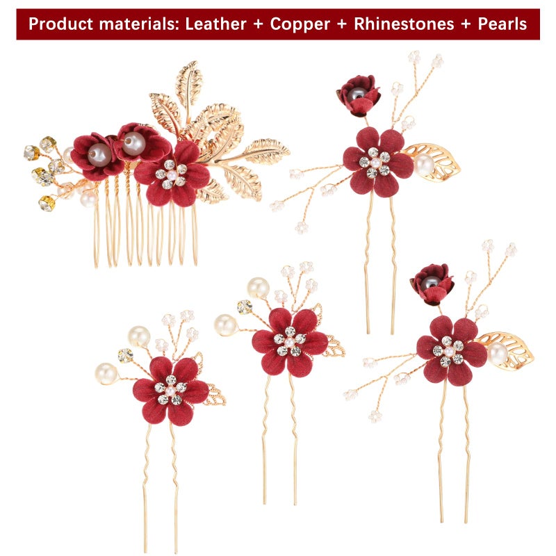 Josojoou 5 Pcs Bridal Flower Wedding Hair Pins Crystal Pearl Rhinestone Burgundy Flower Hair Clips Headpiece Wedding Hair Accessories Jewelry for Brides Bridesmaids Women Girls - Image 3